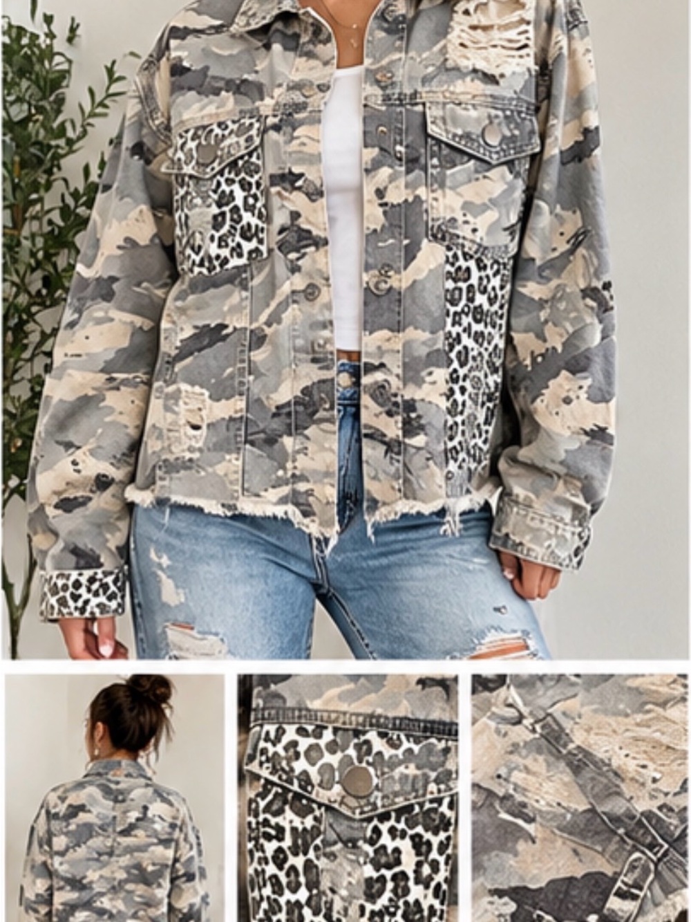POL Camo Leopard Patchwork Distressed Denim Jacket M/L NWOT